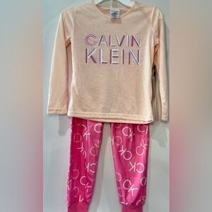 NWT, Calvin Klein, Girls, two piece pajama‎ set, peach logo top with pink pants
